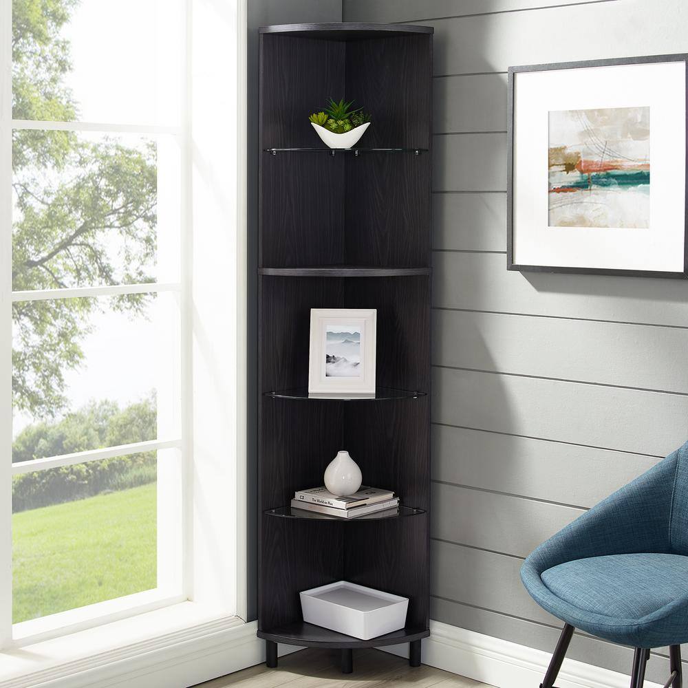 Welwick Designs 68 in. Graphite Wood and Glass 4-Shelf Corner Bookcase ...