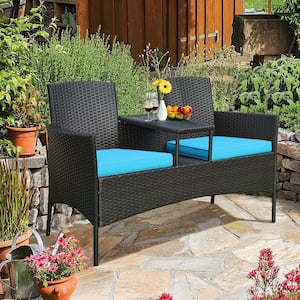 3-Piece Rattan Wicker Patio Conversation Set with Loveseat Table and Turquoise Cushions