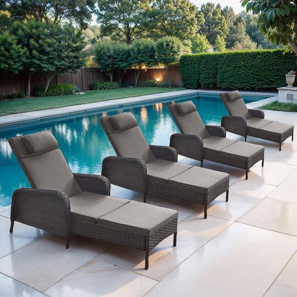 Opohoro ArcoBay 4-Piece Brown Wicker Outdoor Chaise Lounge Rattan Chaise Lounge with Olefin Gray Cushions