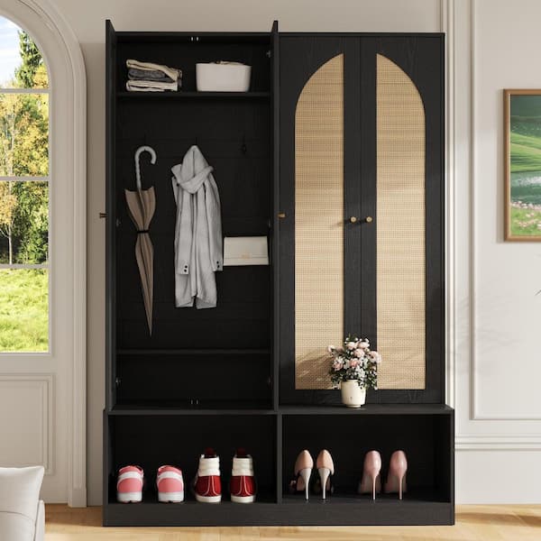 Tammie Bohemian 4-in-1 Black Entryway Hall Tree with Rattan Doors, Bench Seating, Hooks, and Adjustable Shelves