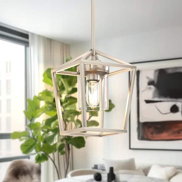 YANSUN 7 in. 1-Light Brushed Nickel Modern Farmhouse Cage Lantern Pendant with Clear Glass