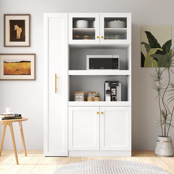 White 71 in. Wood Pantry Organizer with Multi-Functional Pull-Out Multi-Tier Storage Shelf Modern 4 Door Storage Cabinet