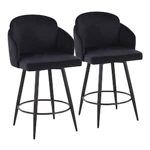 Dahlia 40.25 in. Black Velvet & Black Metal Counter Height Bar Stool with Gold Metal Accent (Set of 2)