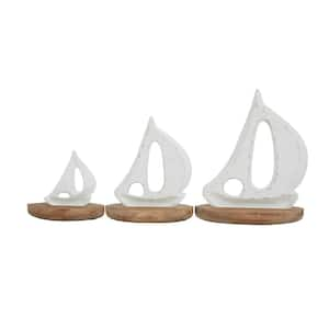 White Wood Sail Boat Sculpture with Wood Base (Set of 3)