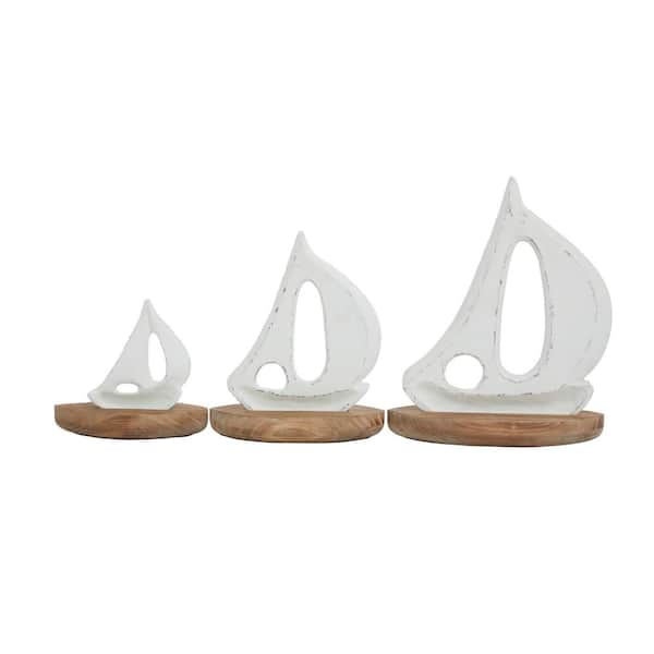 Litton Lane White Wood Sail Boat Sculpture with Wood Base (Set of 3)