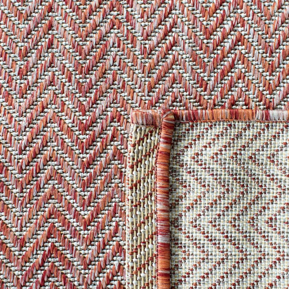 Red and Beige Square Chevron Indoor/Outdoor Synthetic Rug, 4' x 4'