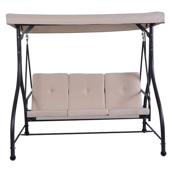 FORCLOVER 3 Seats Metal Patio Swing Hammock with Beige Cushions and Adjustable Tilt Canopy