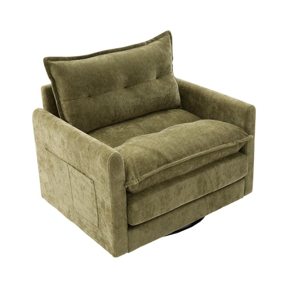 36.2 in. Olive Green Chenille Swivel Modern Chair with Solid Metal Base for Living Room Bedroom