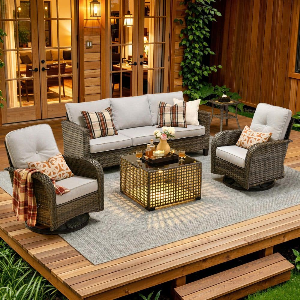New Vultros Gray 5-Piece Wicker Patio Conversation Set with Gray Cushions and Swivel Chairs