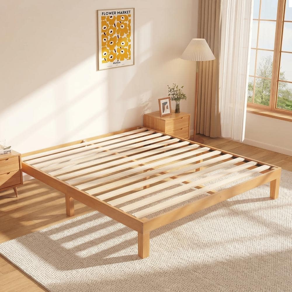 King Size Natural Pine Solid Wood Bed Frame Platform Bed with Wooden Slat Support & Noise-Free