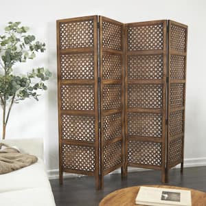 6 ft. Brown 4 Panel Floral Handmade Hinged Foldable Partition Room Divider Screen with Intricately Carved Designs