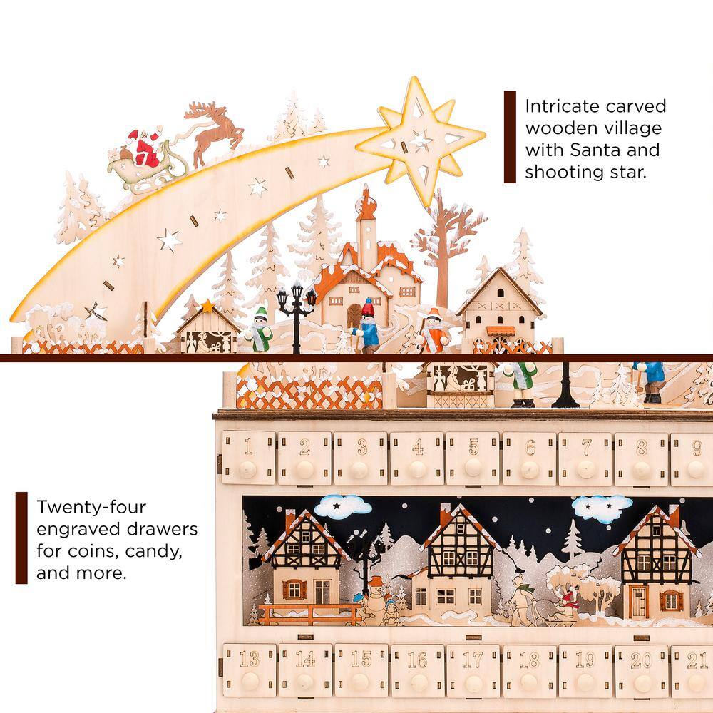Wooden Christmas Advent Calendar with LED Lights and Shooting Star