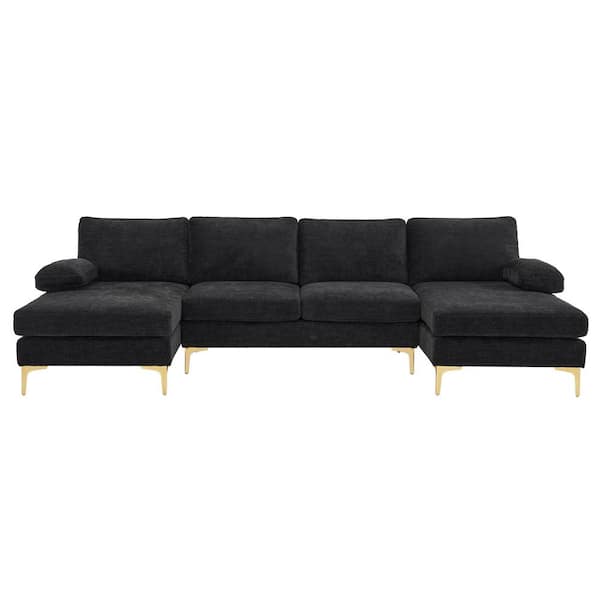 Karl home 110 in. Padded Arm 3-Piece Chenille U-shaped Sectional Sofa in Black