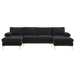 110 in. Padded Arm 3-Piece Chenille U-shaped Sectional Sofa in Black
