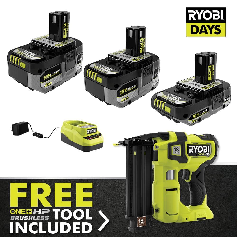 RYOBI ONE+ 18V HIGH PERFORMANCE Kit w/ (2) 4.0 Ah Batteries, 2.0 Ah Battery, Charger, &amp; FREE ONE+ HP Brushless Brad Nailer