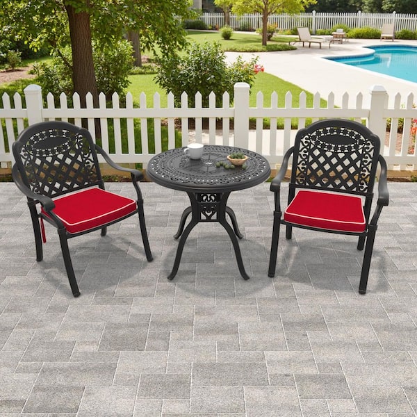 Isabella Black 3-Piece Cast Aluminum Outdoor Dining Set with Round Table and Dining Chairs and Random Color Seat Cushion