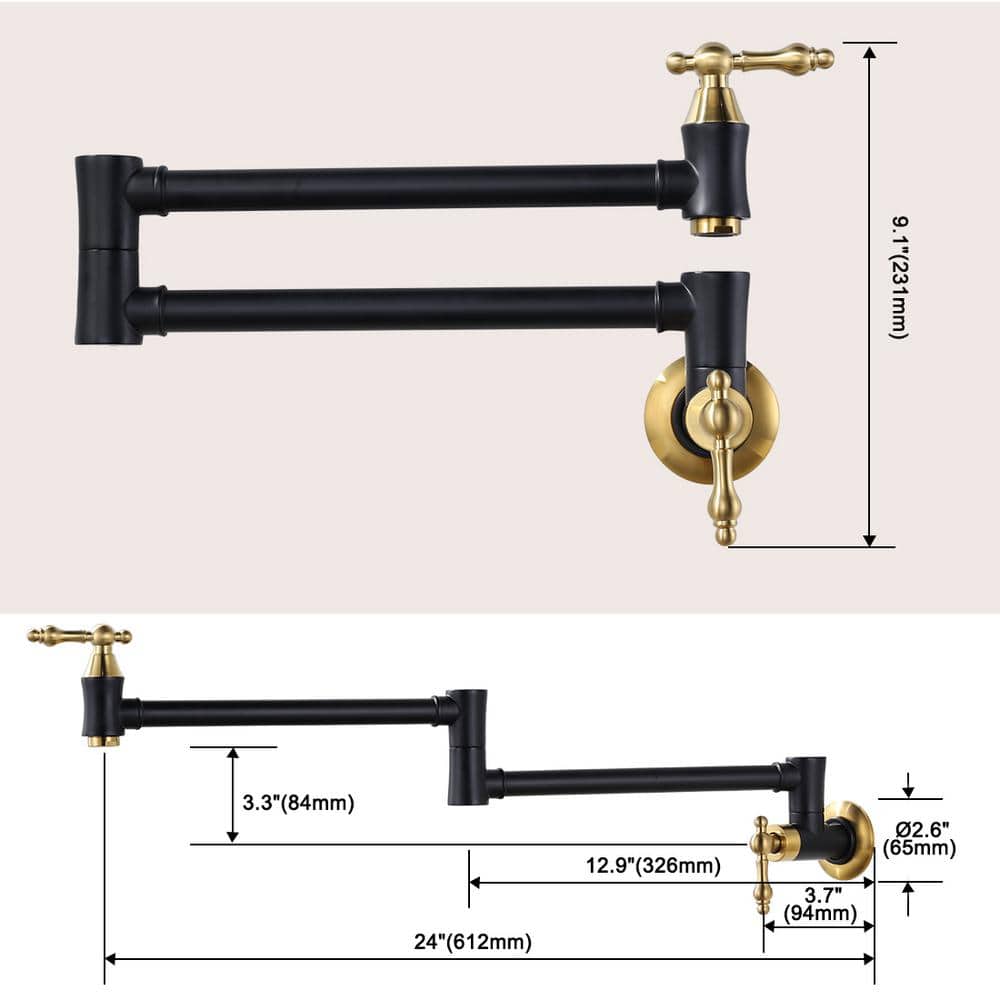 Black and Gold Brass Wall Mounted Pot Filler Faucet