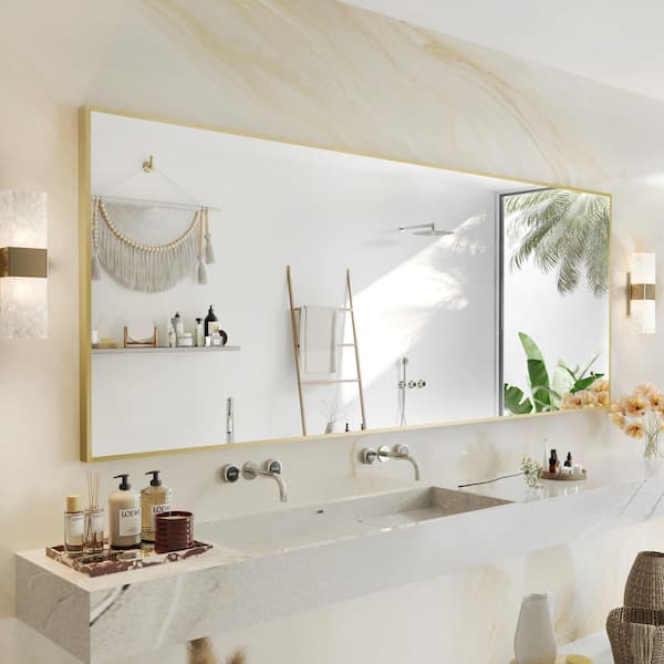84 in. W x 32 in. H Large Rectangle Aluminum Alloy Framed Wall Mounted Bathroom Vanity Accent Mirror in Brushed Gold