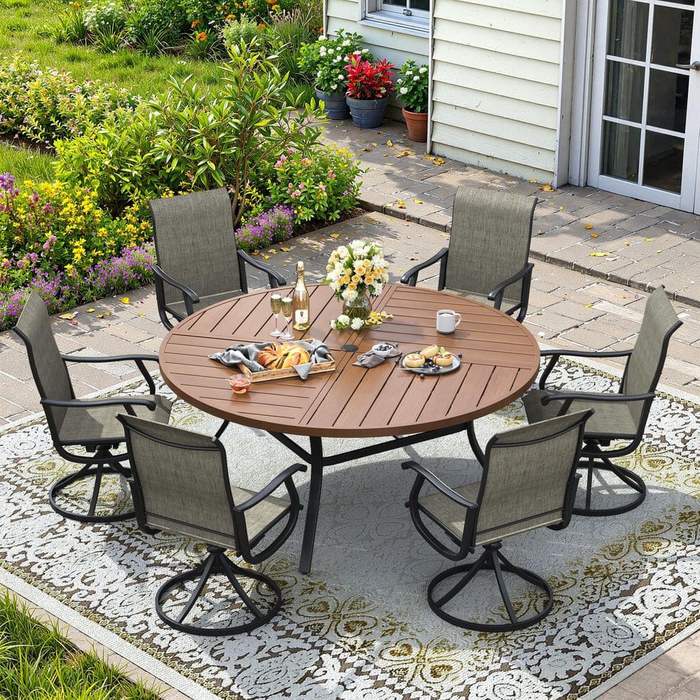 7-Piece Metal Outdoor Patio Dining Set with 53.1'' Walnut Round Dining Table and 6 Brown Textilene Swivel Dining Chairs price history on PriceWatchPro