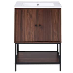 24 in. W x 18 in. D x 34 in. H Freestanding Bath Storage Vanity in Walnut with White Ceramic Top Single Basin Sink