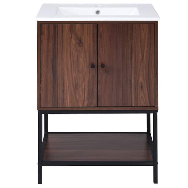 EPOWP 24 in. W x 18 in. D x 34 in. H Freestanding Bath Storage Vanity in Walnut with White Ceramic Top Single Basin Sink
