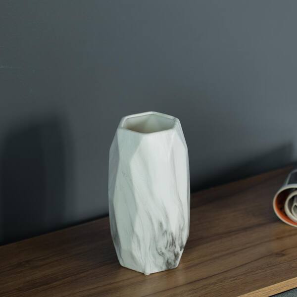 White & Grey Marble Effect Geometric Style Ceramic Vase Decorative Table Vase 