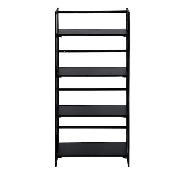 Homy Casa Backer 49.2 in Tall Black Wood 4-Shelf Folding Etagere Bookcase Book Rack Organizer with Open Back