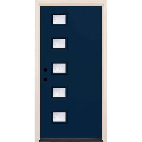Builders Choice 36 in. x 80 in. Right-Hand/Inswing 5-Lite Rain Glass Indigo Painted Fiberglass Prehung Front Door w/6-9/16 in. Frame