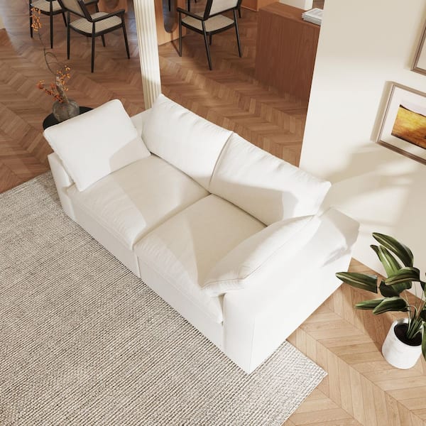 Deep Seat Couch 79 in. Square Arm Linen 2-Piece Solid Wood Love Sofa Cloud Modular Sectional Sofa in White for Apartment