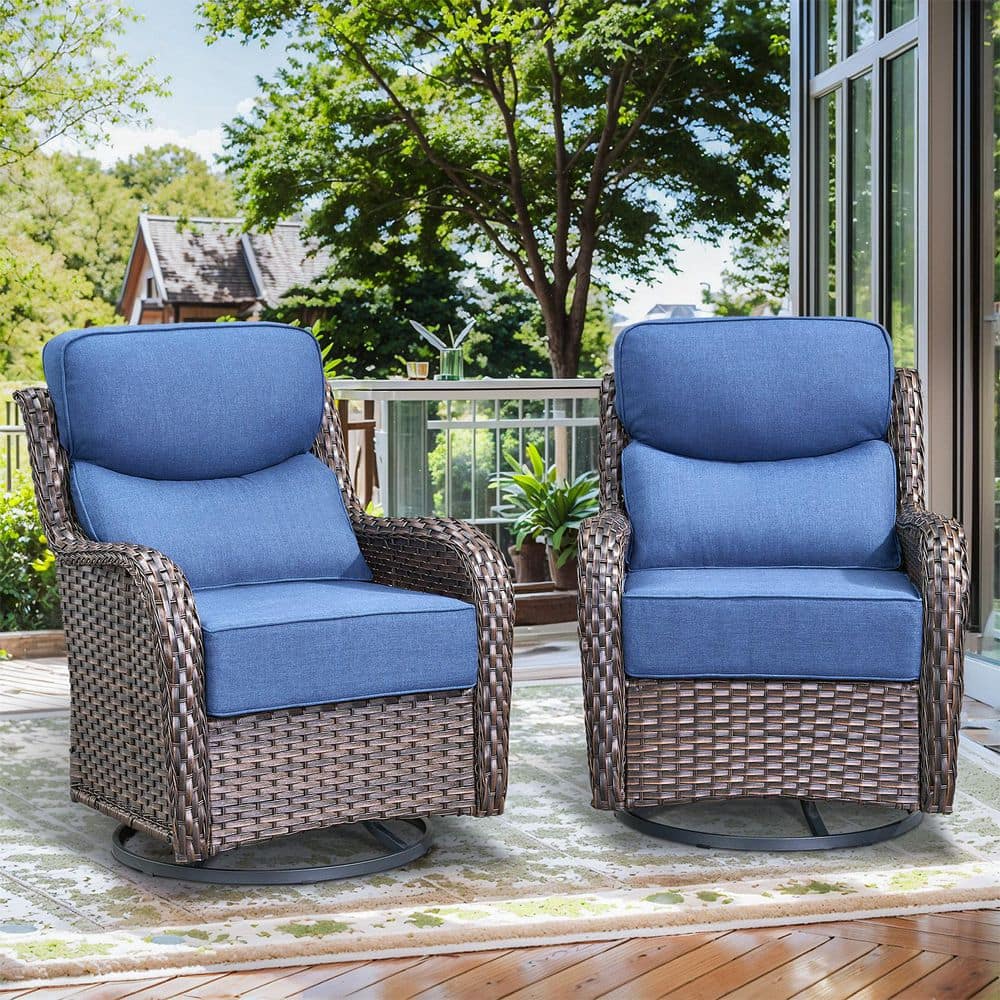 NovaSwivel 2-Piece Patio Rocking Chairs Brown Wicker Outdoor Swivel Glider with Olefin 6-inch Thick Blue Cushions price history on PriceWatchPro