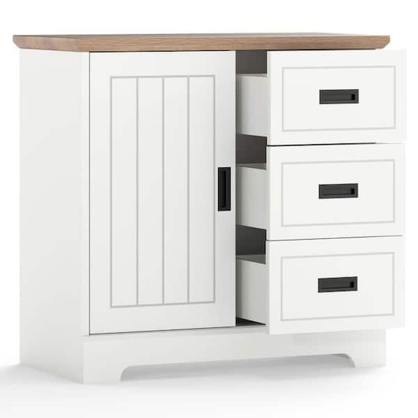 White MDF Farmhouse Buffet with Sliding Doors, Adjustable Shelf