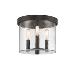 Otto 10 in. 3-Light Matte Black Modern Outdoor Flush Mount Light with Clear Seedy Glass Shade