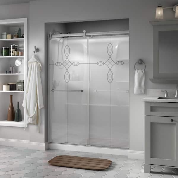 Delta Everly Contemporary 50-1/8 to 58-1/2 in. W in. x 71 in. H Frameless Sliding Shower Door in Nickel and Tranquility Glass
