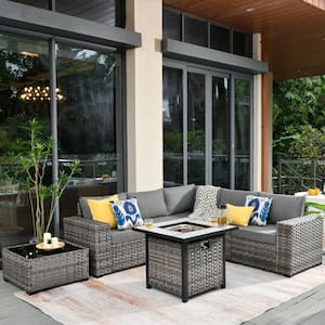 Crater Gray 7-Piece Wicker Wide-Plus Arm Outdoor Patio Conversation Sofa Set with a Fire Pit and Dark Grey Cushions