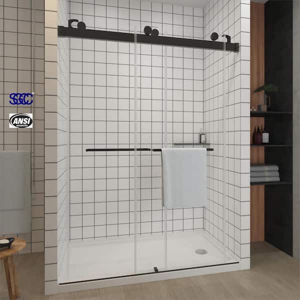 TOOLKISS 58 in. to 60 in. W x 76 in. H Sliding Frameless Shower Door Soft Close in Matte Black with Clear Glass