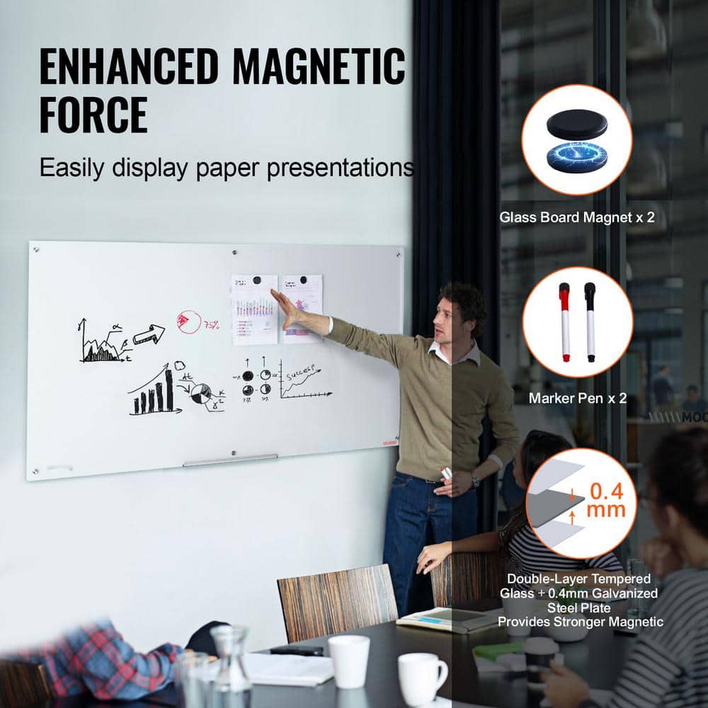 72" x 36" Frameless Clear Magnetic Glass Whiteboard with Marker Tray