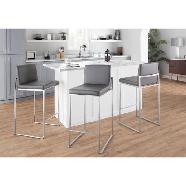 LumiSource Fuji High Back 26 in. Grey Faux Leather and Stainless Steel Bar Stool (Set of 3)