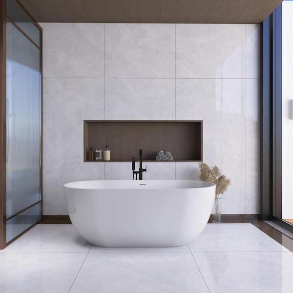 63 in. x 29.5 in. Stone Resin Soaking Bathtub with Center Drain in Glossy White