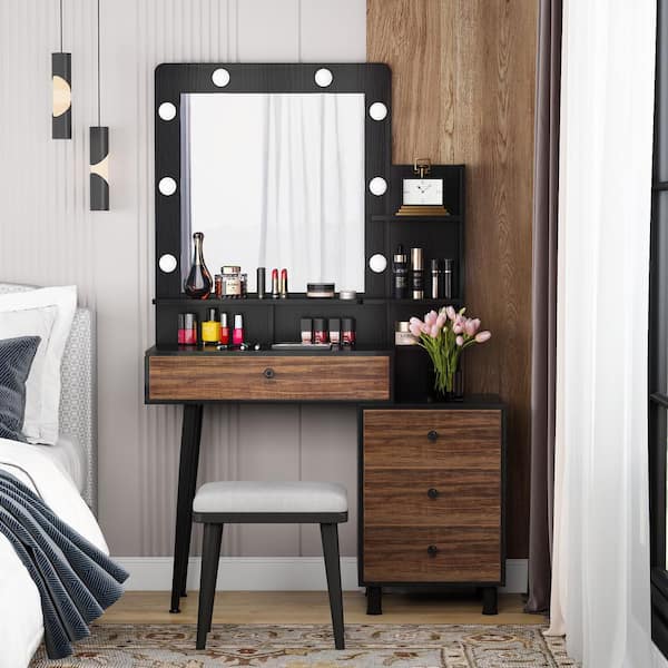 9 Bulbs Lighted And 3 Drawers 63, Rustic Vanity Table With Mirror