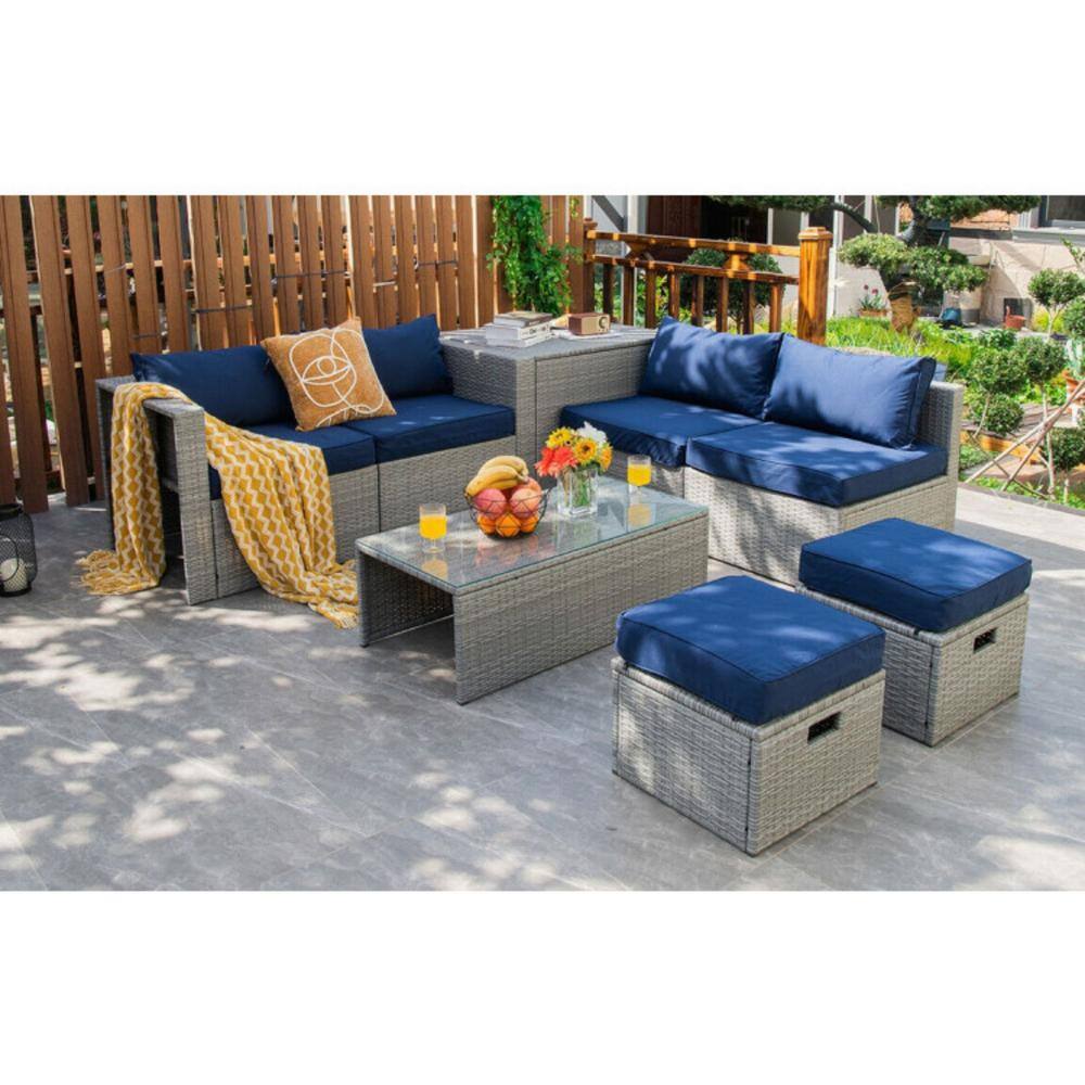 8-Piece Navy PE Rattan Outdoor Patio Furniture Set