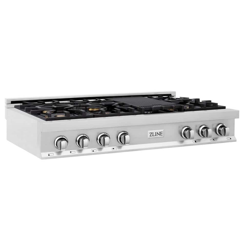 ZLINE Kitchen and Bath 48 in. 7 Burner Front Control Gas Cooktop with Brass Burners in Stainless Steel with Griddle, Brushed 430 Stainless Steel
