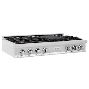 48 in. 7 Burner Front Control Gas Cooktop with Brass Burners in Stainless Steel with Griddle