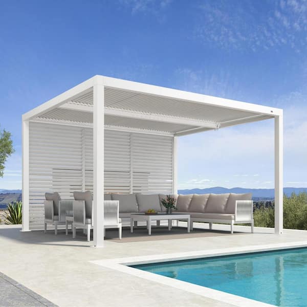 11 ft. x 13 ft. White Aluminum Louvered Pergola with 2-Adjustable Sunshade Roofs and 1-Long Side Fixed Shutter Wall