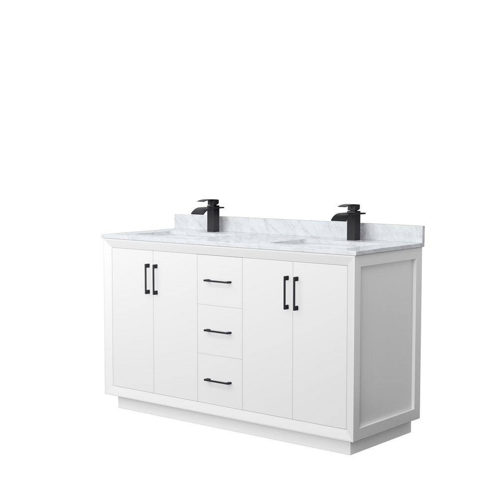Wyndham Collection Strada 60 in. W x 22 in. D x 35 in. H Double Bath Vanity in White with White Carrara Marble Top, White with Matte Black Trim -  WCF414160DWBCMUNSMXX