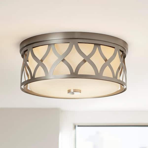 Hampton Bay Montrose 14 in. 3-Light Contemporary Brushed Nickel Dimmable Flush Mount Ceiling Light with Etched Glass Shade