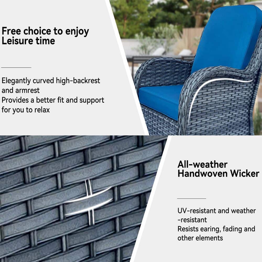 Features of rattan chair: high backrest, soft cushions, weather resistant.