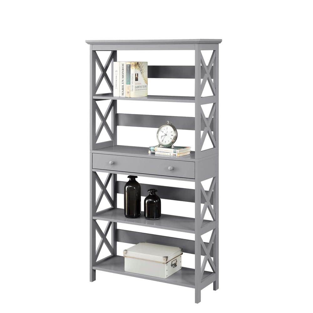 Gray Wood 5-Tier Bookcase with Drawer
