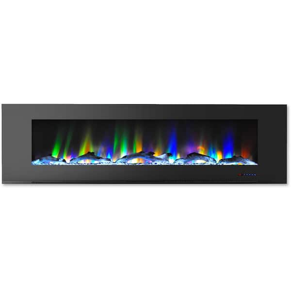 Hanover 72 in. Wall-Mount Electric Fireplace in Black with Multi-Color Flames and Driftwood Log Display