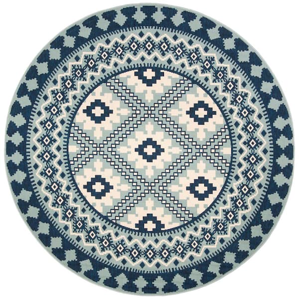 SAFAVIEH Veranda Ivory/Blue 7 ft. x 7 ft. Round Border Indoor/Outdoor Patio  Area Rug