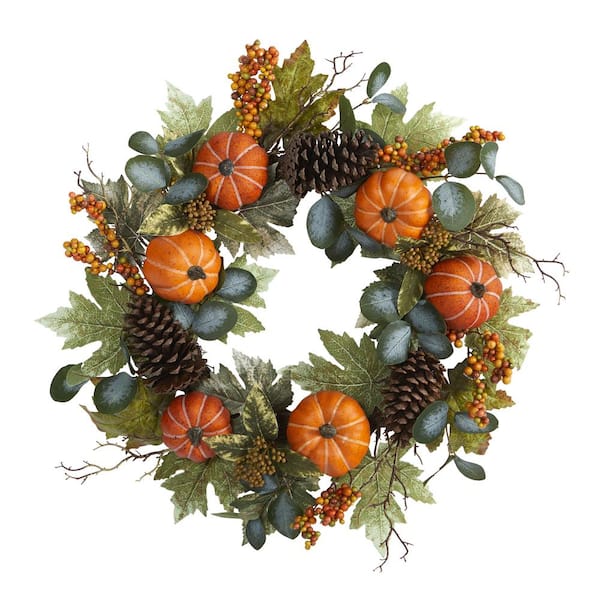 Nearly Natural 24 in. Fall Pumpkins, Pine Cones and Berries